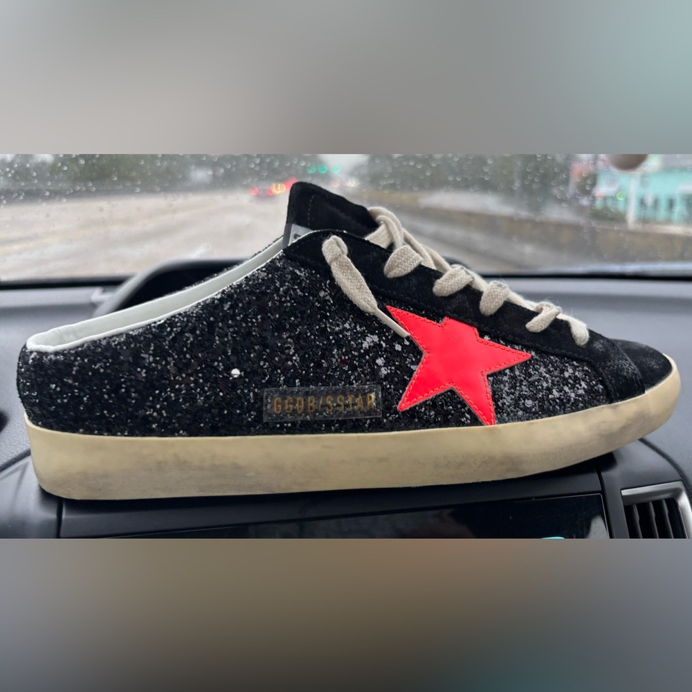 GOLDEN GOOSE Super-Star distressed glittered leather suede slip-on sneakers 41